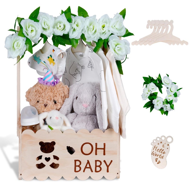 efluky Wooden Baby Shower Crate Closet with Handle,Storage Basket,Baby Clothes Hangers, Newborn Boy Girl Welcome Gift Basket,Easy Assembly Baby Baskets for Baby Shower - Image 1